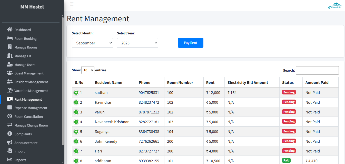 MM Hostel rent management dashboard showing September 2025 payment 
status for 8 residents, including room numbers and pending credits.